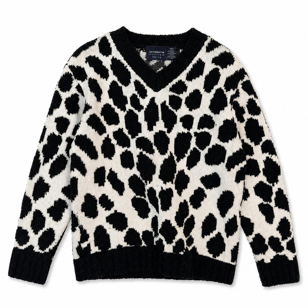 Vtg Liz Claiborne Petite Leopard Dalmatian Cow V-Neck Sweater Black White